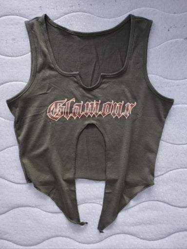 Green Graphic Print Cut Out Tank Top