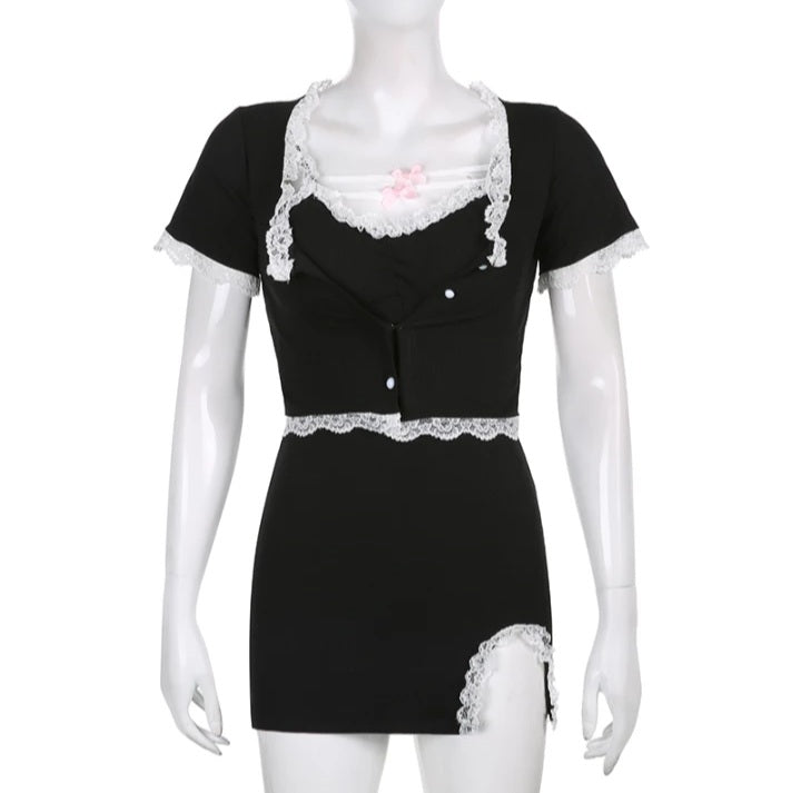 Cute Sweet Sexy 2pcs Lace Trim Split Dress Set + Short Sleeve Cardigan Crop Top Aesthetic Casual E-Girl Kawaii Korean Japanese Harajuku