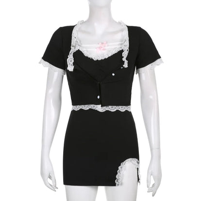 Cute Sweet Sexy 2pcs Lace Trim Split Dress Set + Short Sleeve Cardigan Crop Top Aesthetic Casual E-Girl Kawaii Korean Japanese Harajuku