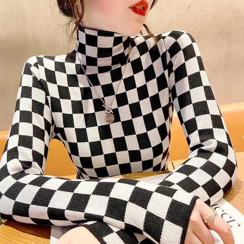 Black & White Checkered Turtleneck Long Sleeve Shirt