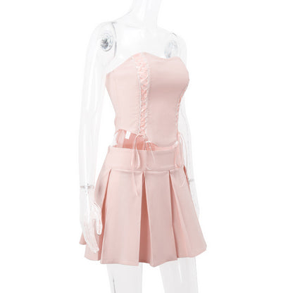 2PCS Pink Side Cross Strapless Top + Pleated Mini Skirt
