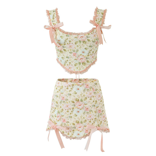 Floral Print Lace Up Corset Top + Mini Skirt
