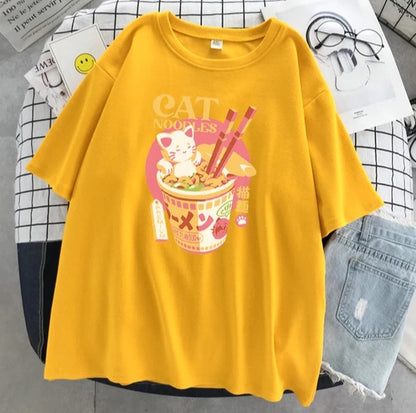 Cute Cat Noodle Ramen Graphic Cartoon Print Loose Short Sleeve T-shirt Aesthetic Casual Summer E-Girl Kawaii Korean Japanese Harajuku