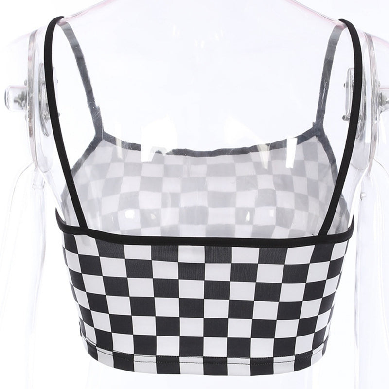 Cute Sexy Black White Checkered Plaid Tank Cami Crop Top Shirt Tee T-shirt E-Girl Kawaii Korean Japanese Harajuku Chinese Retro Streetwear Aesthetic