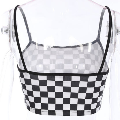 Cute Sexy Black White Checkered Plaid Tank Cami Crop Top Shirt Tee T-shirt E-Girl Kawaii Korean Japanese Harajuku Chinese Retro Streetwear Aesthetic