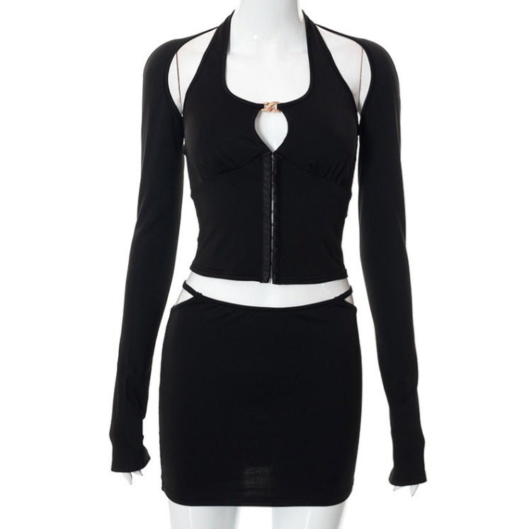 Black Hollow Out Tank Top + Sleeve + Mini Skirt Set