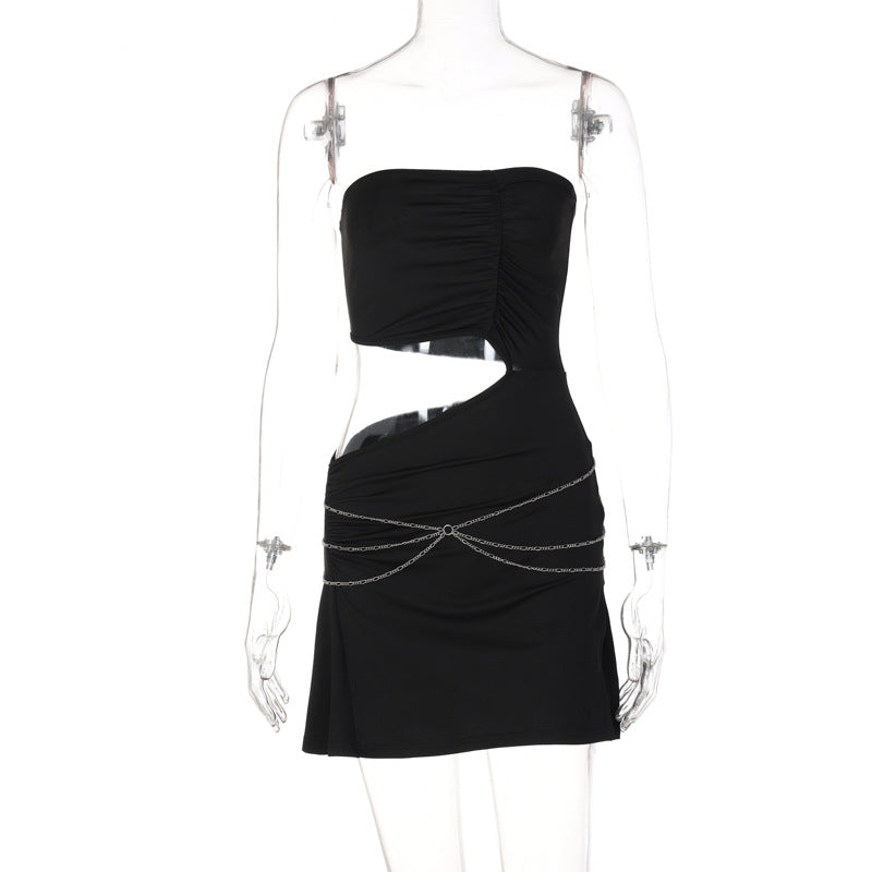 Black Strapless Chain Cut Out Split Mini Dress