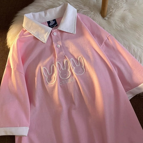 Cute Pastel Bunny Rabbit Embroidery Polo Short Sleeve T- Shirt Top Aesthetic Casual Summer E-Girl Kawaii Korean Japanese Harajuku