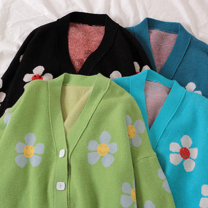 Cute Flower Preppy V Neck Loose Flower Knit Cardigan Sweater Korean Japanese Harajuku Chinese Streetwear Fashion