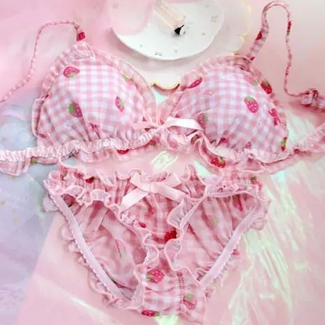 Strawberry Print Bra + Panty Set Lingerie Underwear Summer Aesthetic Casual E-Girl Kawaii Korean Japanese Harajuku