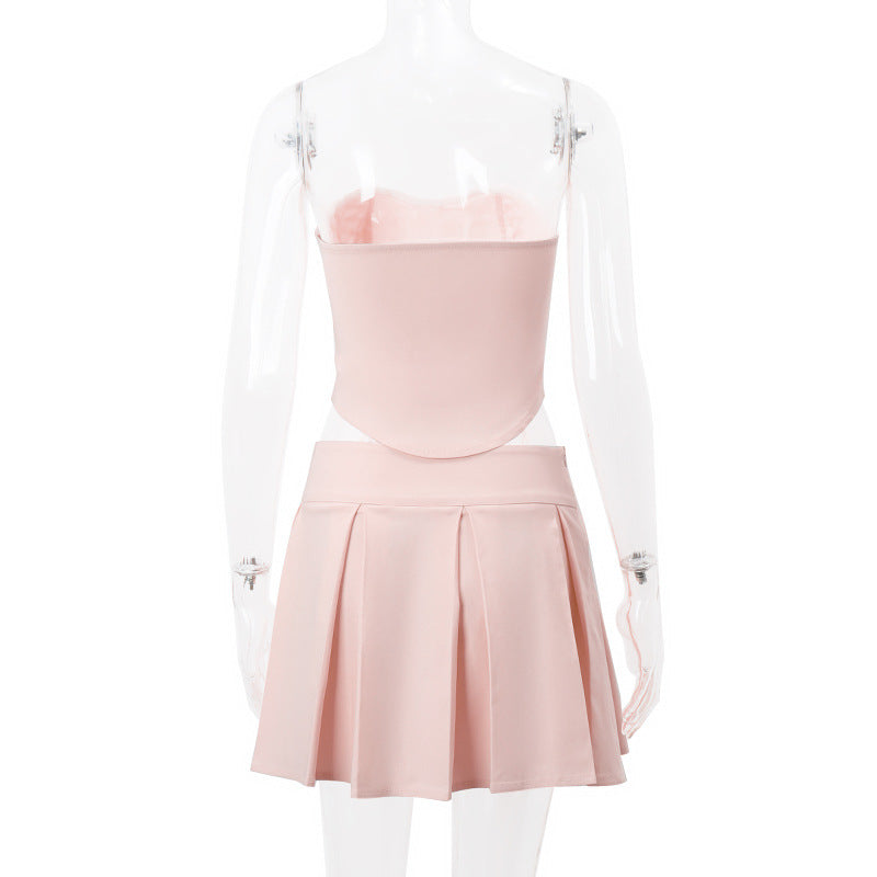 2PCS Pink Side Cross Strapless Top + Pleated Mini Skirt