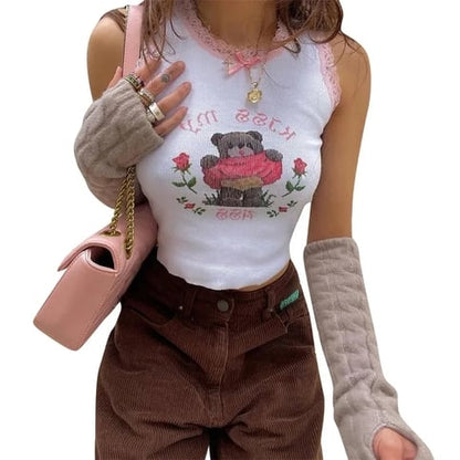Pink Lace Bear Print Tank Top