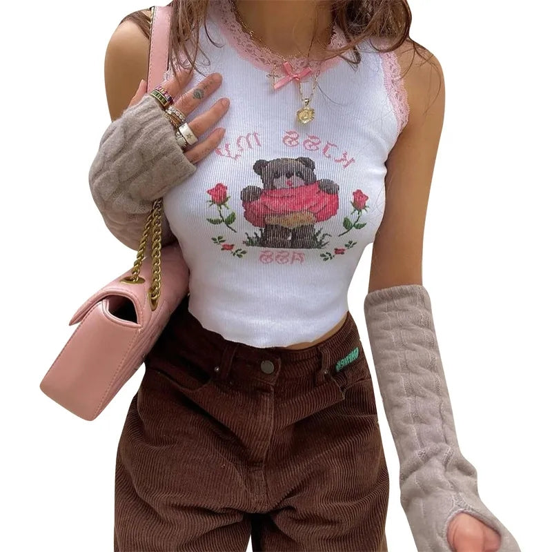 Pink Lace Bear Print Tank Top