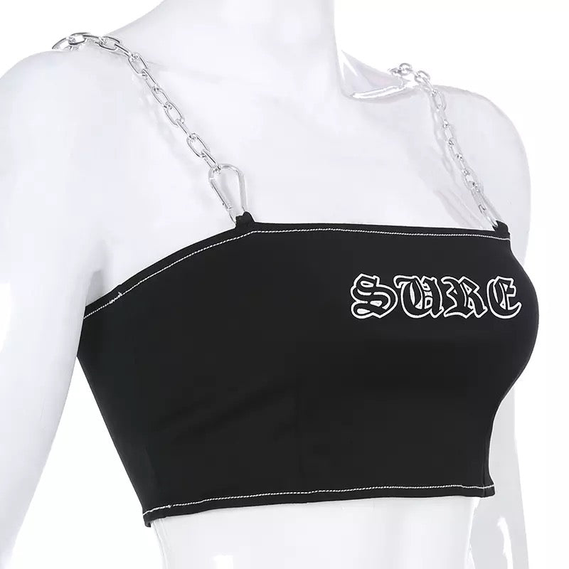 Sexy Black Goth Punk Letter Print Metal Chain Camisole Tank Crop Top Shirt Summer E-Girl Kawaii Korean Japanese Harajuku Retro Streetwear