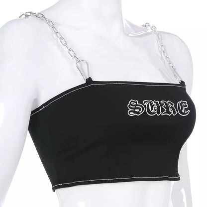 Sexy Black Goth Punk Letter Print Metal Chain Camisole Tank Crop Top Shirt Summer E-Girl Kawaii Korean Japanese Harajuku Retro Streetwear