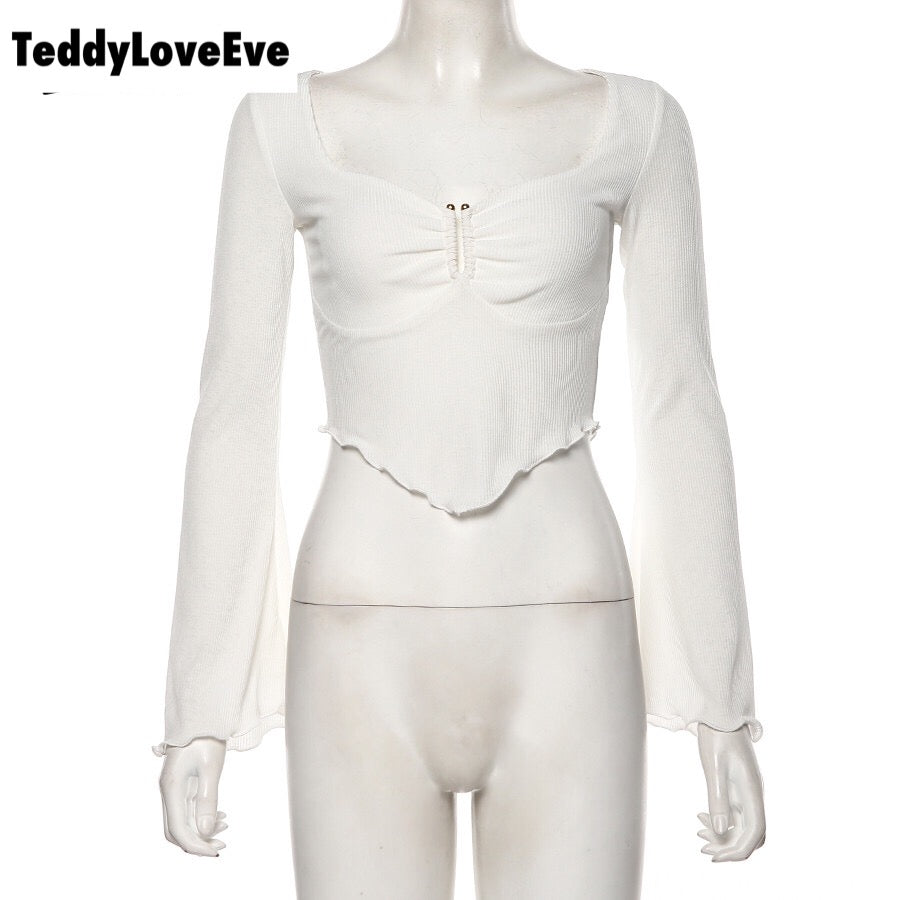 Cute Sexy Transparent See Through Crop Top Long Sleeve Shirt Tee T-shirt E-Girl Kawaii Korean Japanese Harajuku Chinese Retro Streetwear Aesthetic