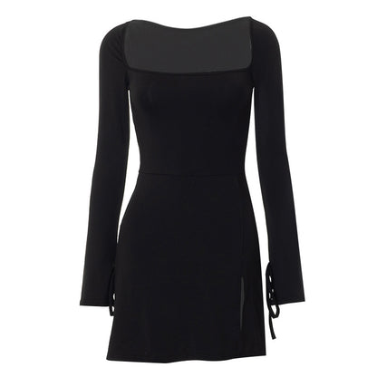 Black Square Neck Long Sleeve Mini Dress