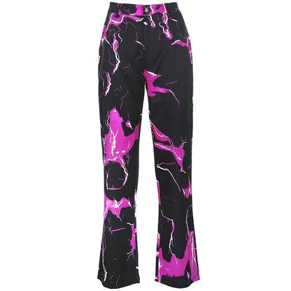 Cute Retro Vintage 90s Funky Lightning High Waisted Cargo Trousers Pants Colorful Print Aesthetic E-Girl Kawaii Korean Japanese Harajuku Streetwear