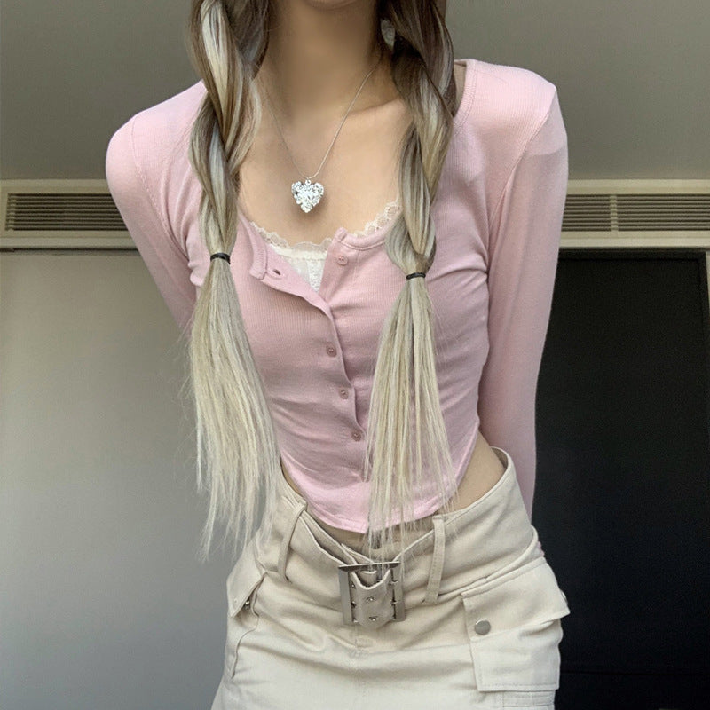 Pink Lace Patchwork Button Crop Top