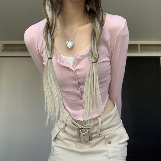Pink Lace Patchwork Button Crop Top