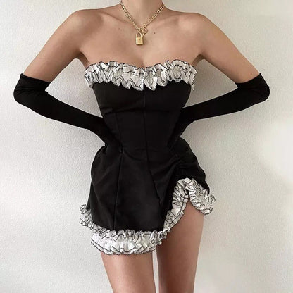 Sexy Sweet Black Lace Ruffles Strapless ,Mini Dress Party Club Summer Aesthetic Casual E-Girl Kawaii Korean Japanese Harajuku