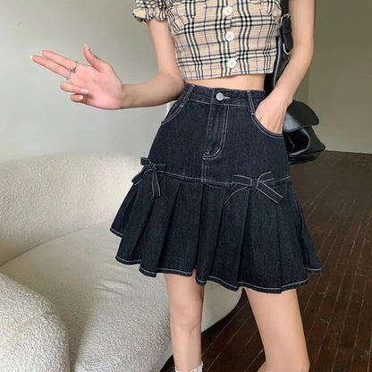 Denim Bow Pleated Mini Skirt