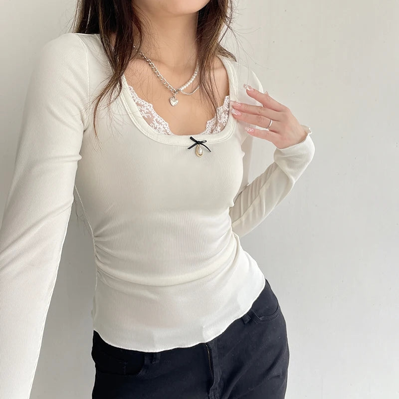 White Lace Bow Long Sleeve Crop Top