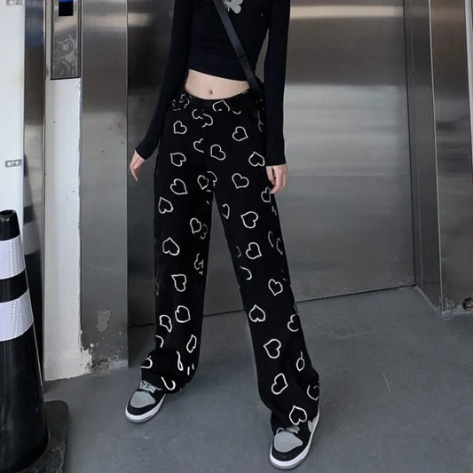 Black Heart Print High Waist Pants