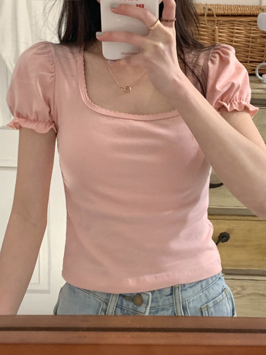 Pink Puff Sleeve Square Collar Top