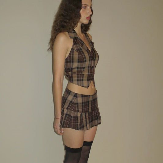 2PCS Brown Plaid Top + Low Waist Pleated Skirt