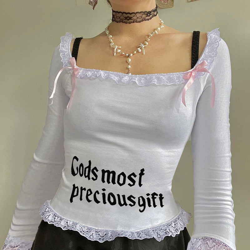 White Square Neck Lace Long Sleeve Crop Top