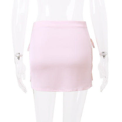 Pink Satin Bow Lace Up Mini Skirt