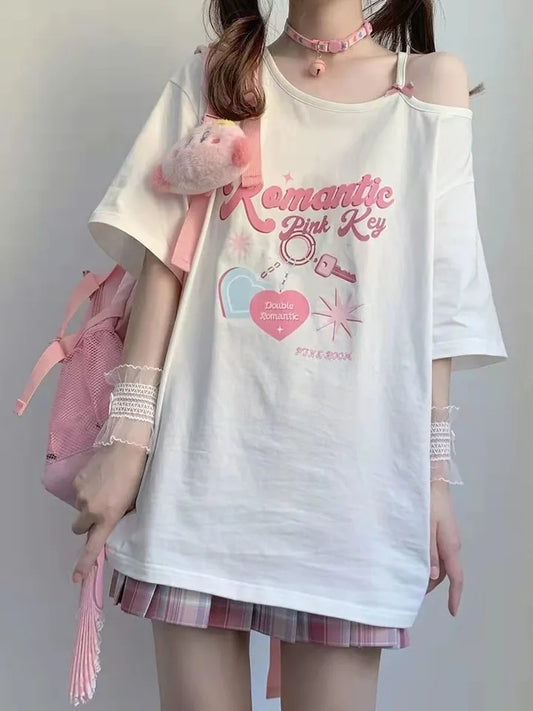 Sweet Pink Print Off Shoulder Short Sleeve T-shirt