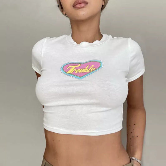 White Vintage Trouble Heart Graphic Print Short Sleeve Shirt Crop Top Summer Aesthetic Casual E-Girl Kawaii Korean Japanese Harajuku