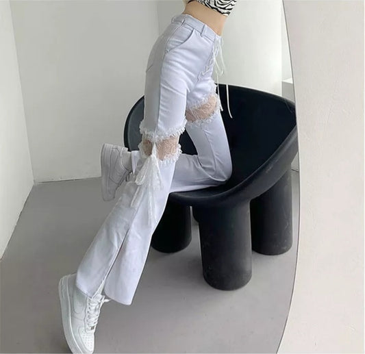 Cute White Lace Hollow Out Side Split High Waist Flare Denim Jeans Pants Trousers Summer Aesthetic Casual E-Girl Kawaii Korean Japanese Harajuku