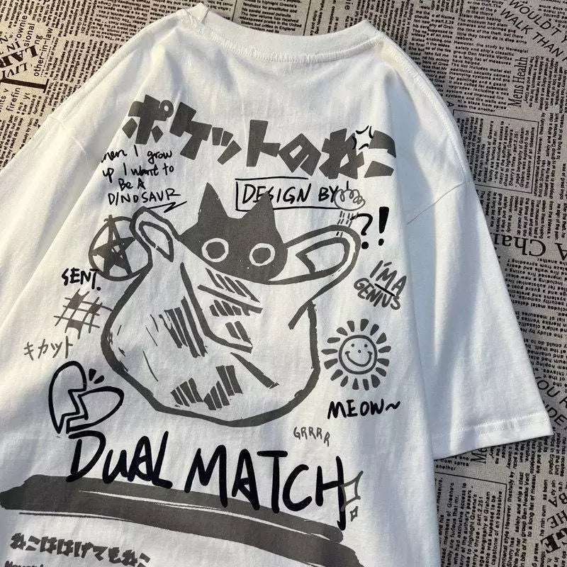 Cat Cartoon Print Loose Short Sleeve T-shirt