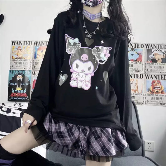 Cute Black Japanese Anime Cartoon Print Loose Oversize Long Sleeve T-shirt