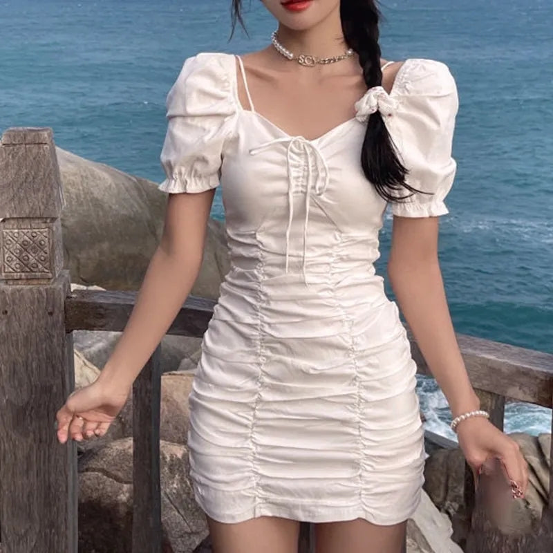 White Puff Sleeve Drawstring Ruched Mini Dress