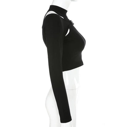 Cute Black Buckle Hollow Out Turtleneck Crop Top Long Sleeve Shirt Punk Goth Summer Aesthetic Casual E-Girl Kawaii Korean Japanese Harajuku