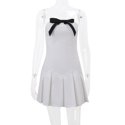 Preppy Bow Patchwork Strapless Mini Dress