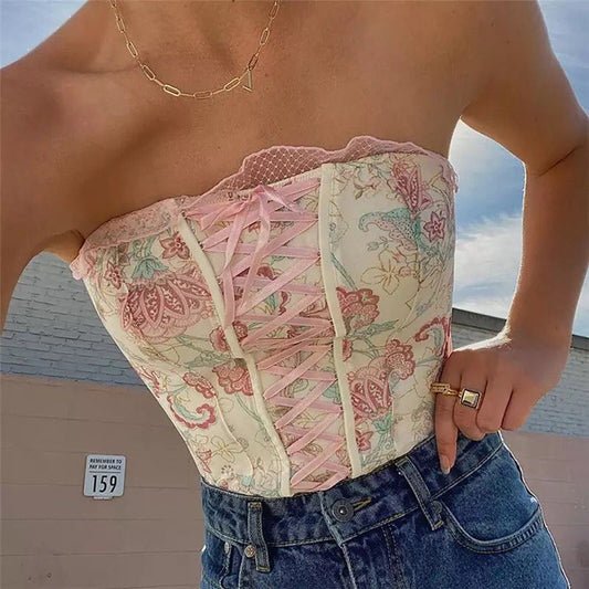 Pink Floral Print Corset Bandage Bustier Crop Top Sleeveless Shirt Summer Aesthetic Casual E-Girl Kawaii Korean Japanese Harajuku