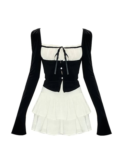 2PCS Long Sleeve Square Collar Top + Mini Tierred Ruffle Skirt