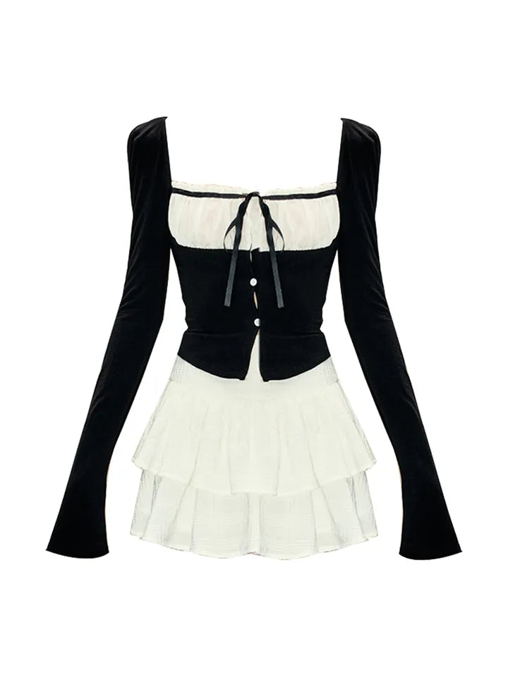 2PCS Long Sleeve Square Collar Top + Mini Tierred Ruffle Skirt