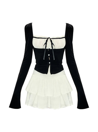 2PCS Long Sleeve Square Collar Top + Mini Tierred Ruffle Skirt