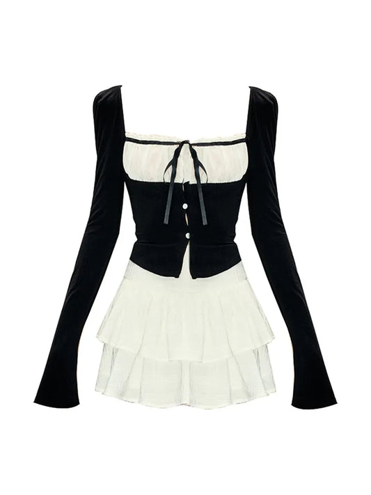 2PCS Long Sleeve Square Collar Top + Mini Tierred Ruffle Skirt