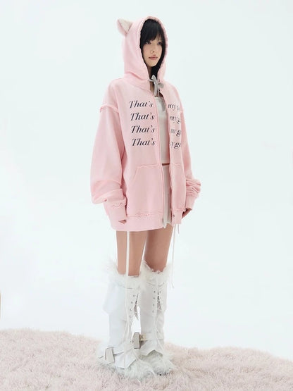 Pink Fluffy Cat Ears Letter Print Sweatshirt