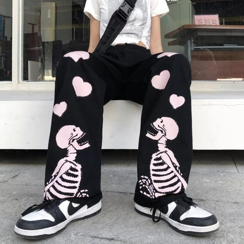Black Skeleton Print Loose Waist Wide Leg Pants