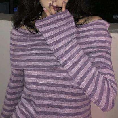 Purple Stripe Slash Neck Long Sleeve Shirt