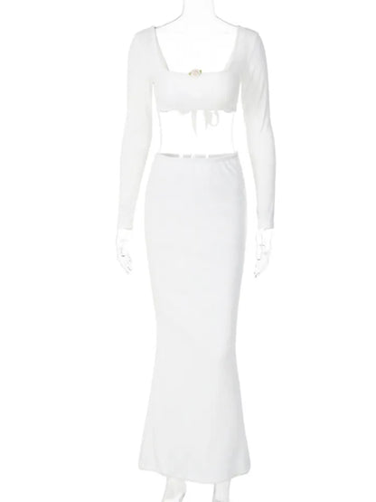 2PCS White Rose Long Sleeve Crop Top + Maxi Skirt