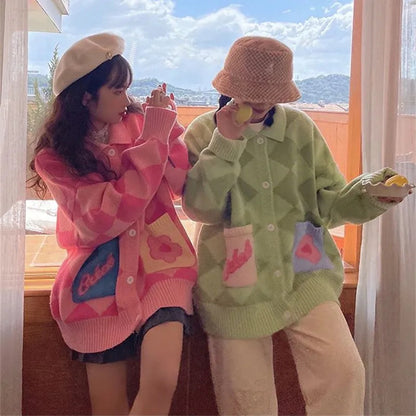 Colorful Checkered Oversized Cardigan Sweater